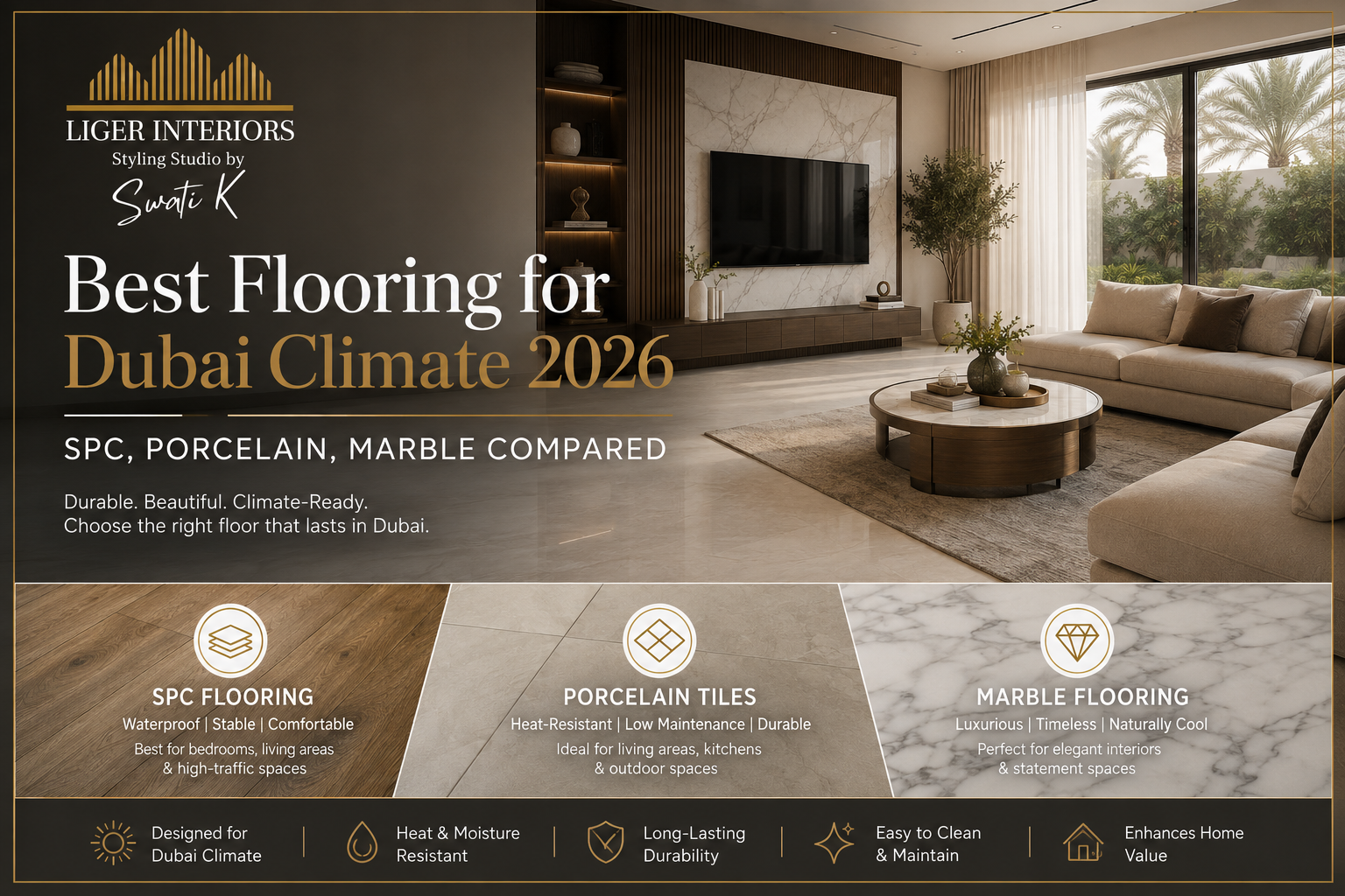 Best Flooring for Dubai Climate 2026 SPC, Porcelain, Marble Compared